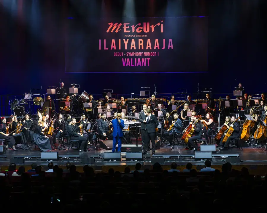 Symphony orchestra performing together during a large-scale concert